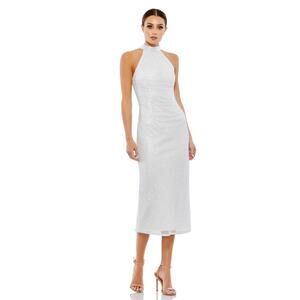 MAC DUGGAL 5531 Embellished Halter Neck Midi Dress White Sleeveless 8 NEW